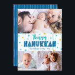 Happy Hanukkah 3 Foto Moderne Typografie Gold Star Feiertagskarte<br><div class="desc">"Happy Hanukkah." Spaß, spielerische, skurrile handgefertigte Typografie, zusammen mit einem zufälligen Star of David-Muster in hellblau und Imitat-Goldfolie, alles überlagernde Aquablau gezeichnete Linien auf weißem Hintergrund, zusammen mit 3 Fotos Ihrer Wahl, helfen Ihnen, in Hanukkah zu beginnen. Handgezeichnete türkisfarbene Linien überlagern einen marineblauen Hintergrund auf der Rückseite. Genießen Sie die...</div>