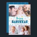 Happy Hanukkah 3 Foto Moderne Typografie Gold Star Feiertagskarte<br><div class="desc">"Happy Hanukkah." Spaß, spielerische, skurrile handgefertigte Typografie, zusammen mit einem zufälligen Star of David-Muster in hellblau und Imitat-Goldfolie, alles überlagernde Aquablau gezeichnete Linien auf weißem Hintergrund, zusammen mit 3 Fotos Ihrer Wahl, helfen Ihnen, in Hanukkah zu beginnen. Handgezeichnete türkisfarbene Linien überlagern einen marineblauen Hintergrund auf der Rückseite. Genießen Sie die...</div>