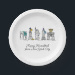 Happy Hanukkah aus New York City NYC Chanukah Pappteller<br><div class="desc">Im Design finden Sie eine originelle Bridge-und-Tinte-Illustration verschiedener New Yorker Sehenswürdigkeiten, darunter die Freiheitsstatue, den Washington Square Arch und die Brooklyn Bridge, die für die Feriensaison "gekleidet" ist. Ideal um Hanukkah und die jüdischen Feiertage zu feiern. Dieses NYC Design ist auch auf anderen Produkten erhältlich. Auch die Koordination von Chanukah...</div>
