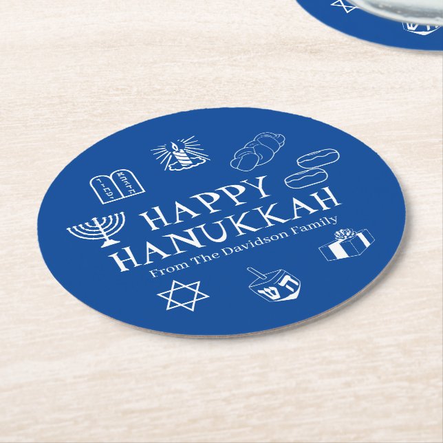 Happy Hanukkah Blau & Weiß benutzerdefinierte Fami Runder Pappuntersetzer (Angewinkelt)
