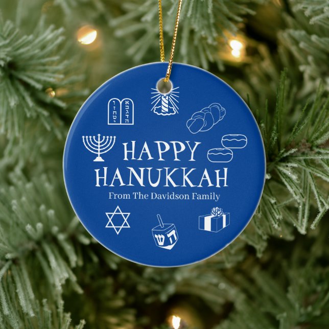 Happy Hanukkah Blau & Weiß individuelle Name bevor Keramik Ornament (Baum)