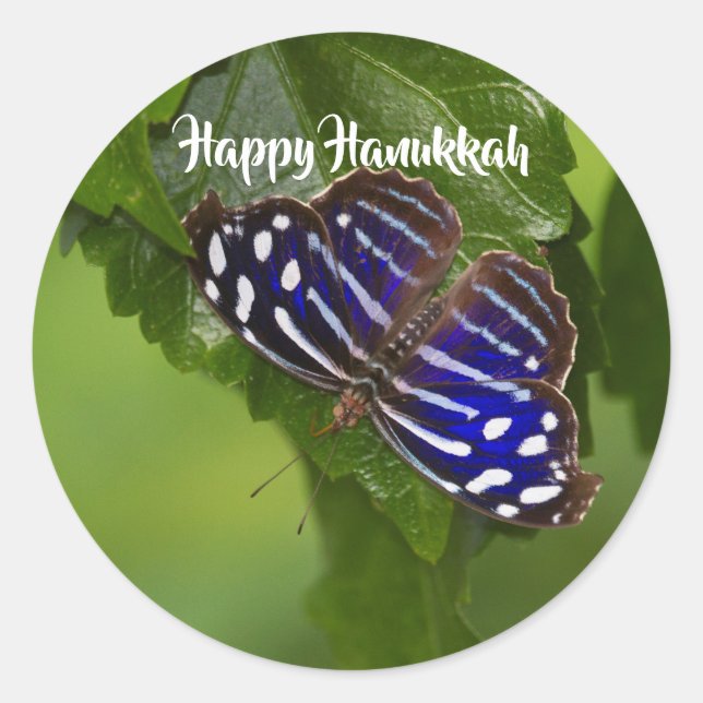 Happy Hanukkah Blau-Weiß-Schmetterling Runder Aufkleber (Vorderseite)