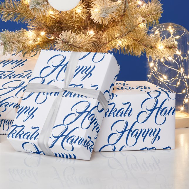 Happy Hanukkah blau-weiße jüdische elegante Schrif Geschenkpapier (Feiertage)