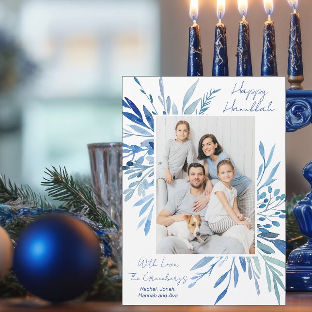 Happy Hanukkah Blue Botanical Family Photo Magnet (Créateur téléchargé)