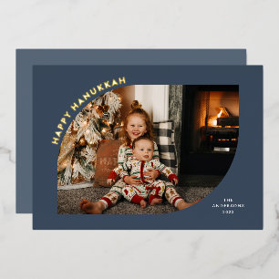 Happy Hanukkah Blue Modern Frame Foil Holiday Card Folien Feiertagskarte