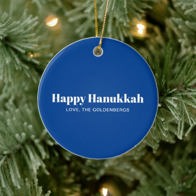 Happy Hanukkah Blue White Minimalist personalisier Keramik Ornament (Baum)