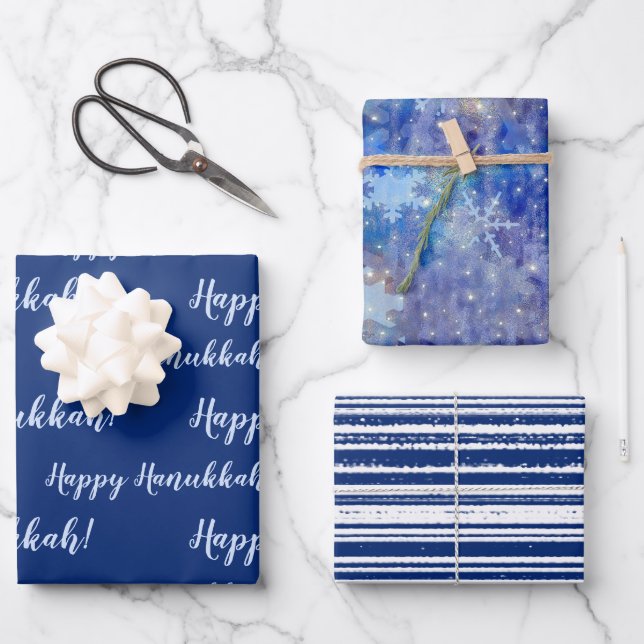 Happy Hanukkah Blue Winter Geschenkpapier Set (Vorderseite)