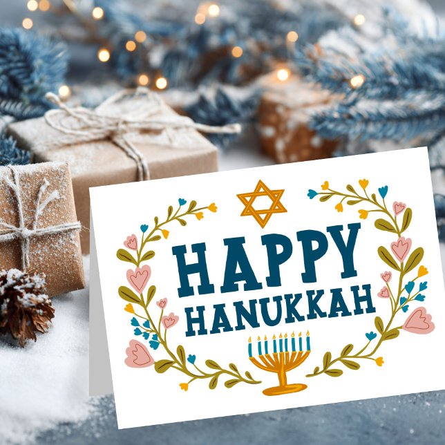 HAPPY HANUKKAH Blumenkranz Jüdisch individuell anp Karte (HAPPY HANUKKAH floral wreath Jewish Customizable Holiday Greeting Card
)