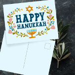 HAPPY HANUKKAH Blumenkranz Jüdisch individuell anp Postkarte<br><div class="desc">Handgezeichneter Text und Florale von mir für Sie. Fügen Sie Ihren eigenen Text auf der Rückseite der Postkarte hinzu oder ändern Sie die Hintergrundfarben. Für weitere Designs und Farben Karo mein Shop! Oder lass mir Bescheid,  wenn du etwas Angewohntes willst. Frag,  wenn du nicht findest,  was du brauchst! :</div>