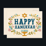 HAPPY HANUKKAH Blumenkranz Jüdisch individuell anp Postkarte<br><div class="desc">Handgezeichneter Text und Florale von mir für Sie. Fügen Sie Ihren eigenen Text auf der Rückseite der Postkarte hinzu oder ändern Sie die Hintergrundfarben. Für weitere Designs und Farben Karo mein Shop! Oder lass mir Bescheid,  wenn du etwas Angewohntes willst. Frag,  wenn du nicht findest,  was du brauchst! :</div>
