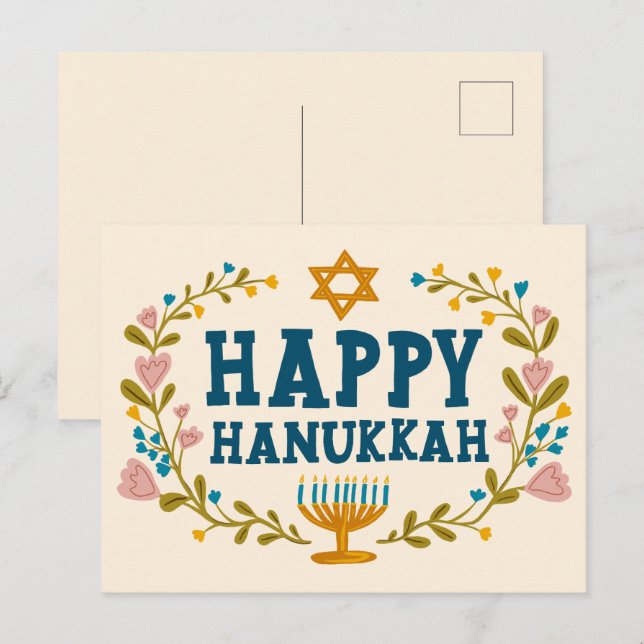 HAPPY HANUKKAH Blumenkranz Jüdisch individuell anp Postkarte (Vorne/Hinten)