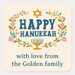 HAPPY HANUKKAH Blumenkranz Jüdischer Urlaub CUSTOM Quadratischer Aufkleber
