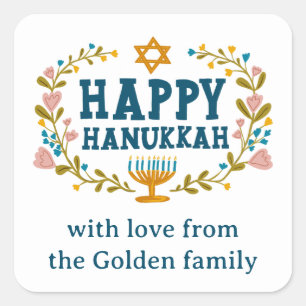 HAPPY HANUKKAH Blumenkranz Jüdischer Urlaub CUSTOM Quadratischer Aufkleber