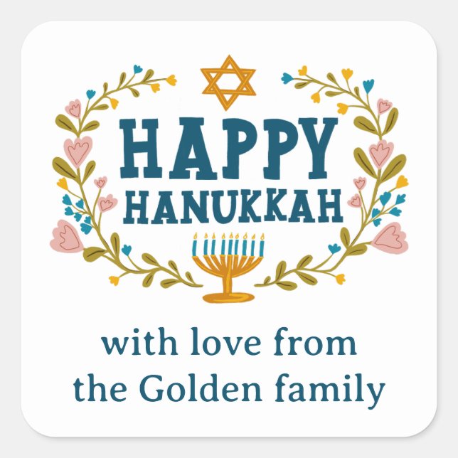 HAPPY HANUKKAH Blumenkranz Jüdischer Urlaub CUSTOM Quadratischer Aufkleber (Vorderseite)