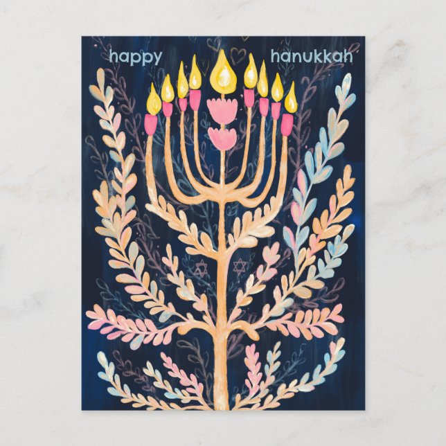 Happy Hanukkah Botanical Menorah Holiday Postkarte (Vorderseite)