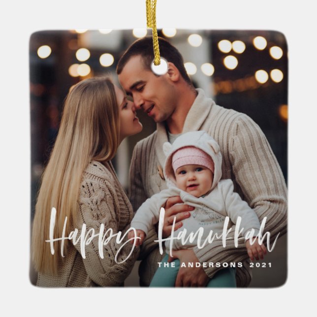 Happy Hanukkah Brush Lettering Multi Photo Keramikornament (Vorderseite)