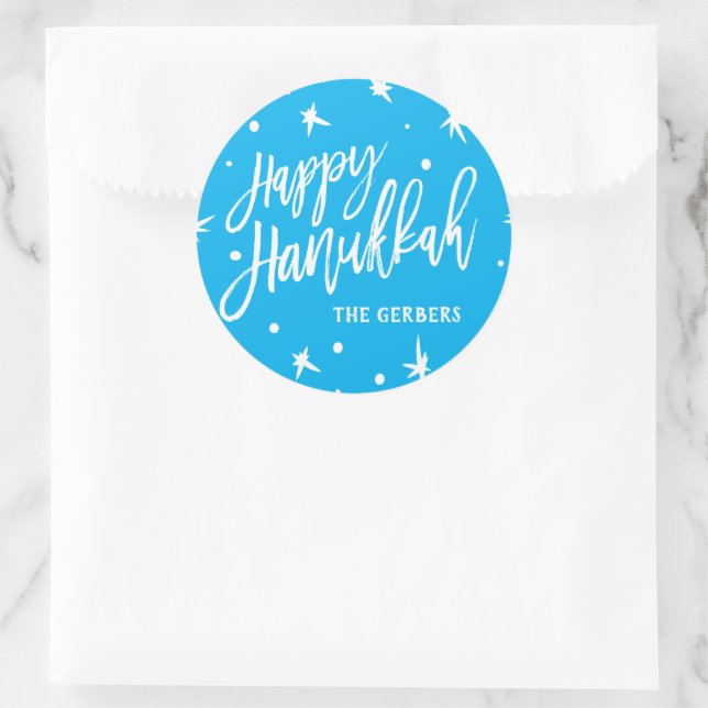 Happy Hanukkah Brush Script Individuelle Name Runder Aufkleber (Tasche)