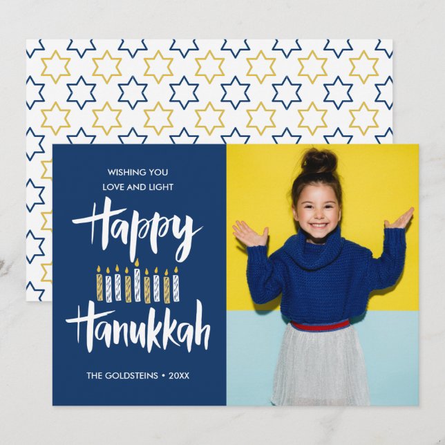 Happy Hanukkah Candles Blue Holidays Foto Einladung (Vorne/Hinten)