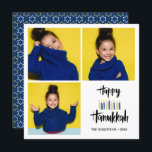 Happy Hanukkah Candles | Ferien 3 Fotos Einladung<br><div class="desc">Festliche Hanukkah Holiday Foto Grußkarte mit drei von Ihrem persönlichen Foto und "glückliche hanukkah" in handgeschriebenen Stil Bürste Typografie und Kerzen in den Schattierungen von Blues und Gelb. Personalisieren Sie den benutzerdefinierten Text mit Ihrem Namen und Jahr. Karten kehren zu einem Muster aus weißen und gelben Sternen auf einem koordinierten...</div>