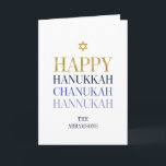 Happy Hanukkah Chanukah Holiday Grußkarte Feiertagskarte<br><div class="desc">Imitate simulierte Goldfolien-Design ist in diesem Design integriert. Personalisieren Sie den benutzerdefinierten Text oben. Weitere Koordinationsgegenstände finden Sie in unserer Sammlung "Happy Hanukka Chanukah".</div>
