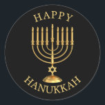 Happy Hanukkah Classic Round Sticker<br><div class="desc">Golden Happy Hanukkah Aufkleber.</div>