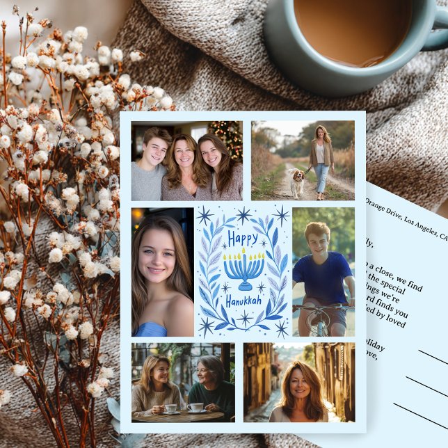 HAPPY HANUKKAH CUSTOM 6 FOTO Urlaub Postkarte (HAPPY HANUKKAH CUSTOM 6 PHOTO Collage Holiday Postcard
)