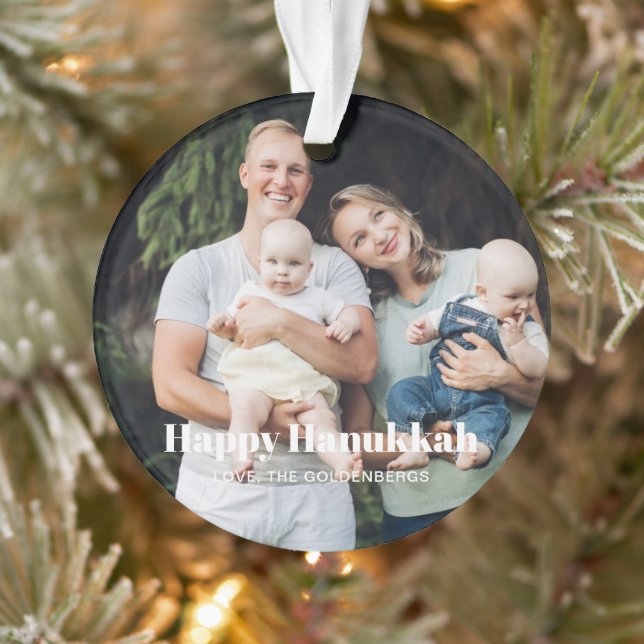 Happy Hanukkah Custom Foto Text Moderne Streifen Ornament (Baum)