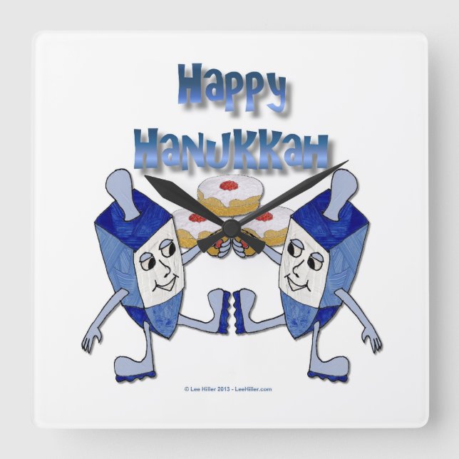 Happy Hanukkah Dancing Dreidels Jelly Doughnut Quadratische Wanduhr (Vorderseite)