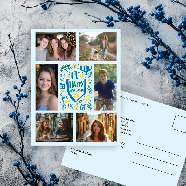 HAPPY HANUKKAH Doodle CUSTOM 6 FOTO Urlaub Postkarte (HAPPY HANUKKAH Doodle CUSTOM 6 PHOTO Collage Cute jewish Holiday Postcard
)