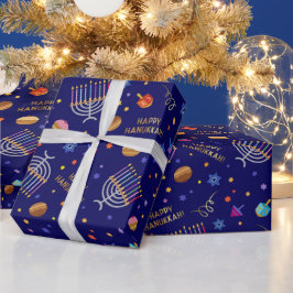 Happy Hanukkah Dreidel Menorah Sufganiyot Blue Geschenkpapier