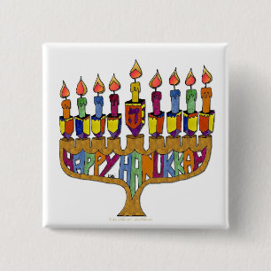 Happy Hanukkah Dreidels Menorah Button