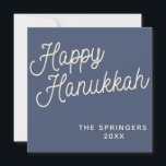 Happy Hanukkah | Einfache Retro-Typografie in Blau Feiertagskarte<br><div class="desc">Einfache Happy Hanukkah Gruß geschrieben in einem lustigen Retro-Schrift Stil auf einem dunkelblauen Hintergrund,  personalisiert mit Ihrem Namen.</div>