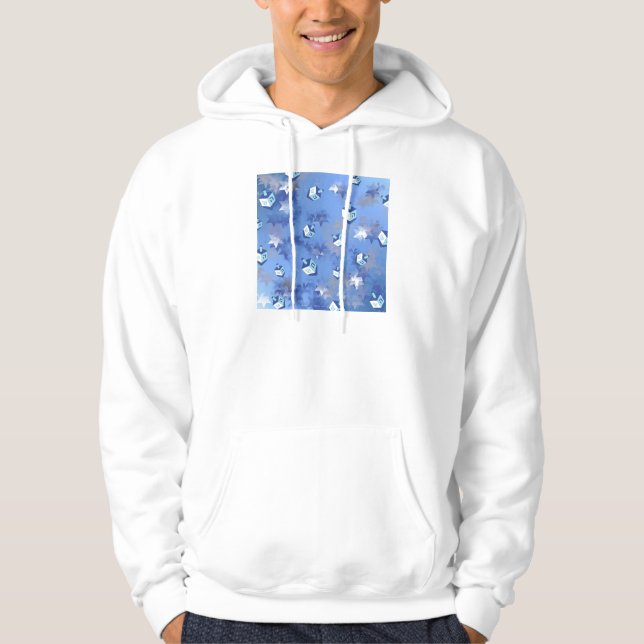 Happy Hanukkah Falling Stars und Dreidels Hoodie (Vorderseite)