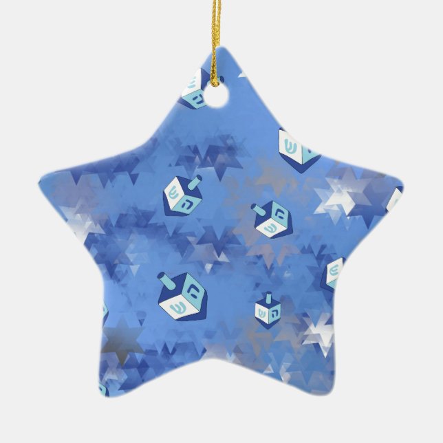 Happy Hanukkah Falling Stars und Dreidels Keramik Ornament (Vorne)
