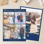 Happy Hanukkah Family 3 Photo Collage Modern Blue Feiertagskarte<br><div class="desc">Modern customizable Jewish family photo collage Hanukkah card with a collection of winter photos. Add 3 of your favorite Chanukah memories on this modern three photograph layout below a menorah and gold cursive script. Happy Hanukkah.</div>