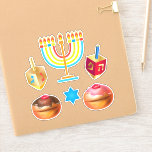 Happy Hanukkah Festival Party Feiertage Symbole Aufkleber<br><div class="desc">Chanukkah Etiketten Aufkleber. Happy Hanukkah Party Jüdischer Urlaub Menorah, Donuts, Dreidel. Jüdisches Holiday Chanukkah Dekoration mit traditionellem Chanuka Dekorationssymbol - farbenfroher Cartoon Hanukkiah menorah, Kerzenhalter mit Kerzen, Donuts, Holzdreidel (Spinning Top Spielzeug) Stern von David und leuchtende Lichter Illustration. Hanukkah Festival der Lichter Event Dekoration. Jerusalem, Israel. Geschenkartikel & Party >...</div>