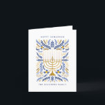 Happy Hanukkah Festivals Wasserfarbe Menorah Flora Feiertagskarte<br><div class="desc">Happy Hanukka! Senden Sie Hanukkah Grüße an Familie und Freunde mit dieser eleganten gefalteten Karte. Es verfügt über Aquarelltöne Menorah und elegantes Kränzfolien in einer raffinierten Palette von Gold,  hellblau und Marineblau. Passen Sie die Karte mit Ihrer Lieblingsnachricht und zwei Textzeilen an,  um Ihren Urlaubswünschen eine persönliche Touch hinzuzufügen.</div>