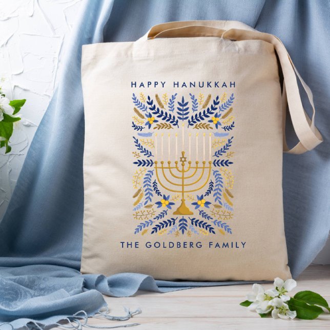 Happy Hanukkah Festive Watercolor Menorah FOLIAGE Tragetasche (HAPPY HANUKKAH BAG WITH MENORAH AND WHEAT LEAVES AND FOLIAGE BLUE LIGHT BLUE GOLD)