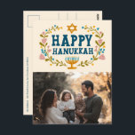 HAPPY HANUKKAH Floral Wreath Menorah Custom FOTO Postkarte<br><div class="desc">Handgezeichneter Text und Florale von mir für Sie. Klicken Sie auf "Personalisieren", um Ihr eigenes Foto zu bearbeiten und auf der Vorderseite der Postkarte den Text und die Rücksendeadresse hinzuzufügen oder die Hintergrundfarben zu ändern. Alles ist anpassbar. Für weitere Designs und Farben Karo mein Shop! Oder lass mir Bescheid, wenn...</div>