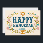 HAPPY HANUKKAH Floral Wreath Menorah Custom Fotos Feiertagskarte<br><div class="desc">Handgezeichneter Text und Florale von mir für Sie. Klicken Sie auf "Personalisieren", um Ihren eigenen Text und Ihre eigenen Fotos auf der Rückseite der Postkarte zu bearbeiten oder die Hintergrundfarben zu ändern. Alles ist anpassbar. Für weitere Designs und Farben Karo mein Shop! Oder lass mir Bescheid, wenn du etwas Angewohntes...</div>