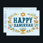 HAPPY HANUKKAH Floral Wreath Menorah Custom Text Postkarte<br><div class="desc">Handgezeichneter Text und Florale von mir für Sie. Klicken Sie auf "Personalisieren", um Ihren eigenen Text und Ihre eigene Rücksendeadresse auf der Rückseite der Postkarte zu bearbeiten oder die Hintergrundfarben zu ändern. Alles ist anpassbar. Für weitere Designs und Farben Karo mein Shop! Oder lass mir Bescheid, wenn du etwas Angewohntes...</div>