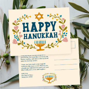 HAPPY HANUKKAH Floral Wreath Menorah Custom Text Postkarte