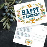 HAPPY HANUKKAH Floral Wreath Menorah Custom Text Postkarte<br><div class="desc">Handgezeichneter Text und Florale von mir für Sie. Klicken Sie auf "Personalisieren", um Ihren eigenen Text und Ihre eigene Rücksendeadresse auf der Rückseite der Postkarte zu bearbeiten oder die Hintergrundfarben zu ändern. Alles ist anpassbar. Für weitere Designs und Farben Karo mein Shop! Oder lass mir Bescheid, wenn du etwas Angewohntes...</div>