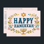 HAPPY HANUKKAH Floral Wreath Menorah Custom Text Postkarte<br><div class="desc">Handgezeichneter Text und Florale von mir für Sie. Klicken Sie auf "Personalisieren", um Ihren eigenen Text und Ihre eigene Rücksendeadresse auf der Rückseite der Postkarte zu bearbeiten oder die Hintergrundfarben zu ändern. Alles ist anpassbar. Für weitere Designs und Farben Karo mein Shop! Oder lass mir Bescheid, wenn du etwas Angewohntes...</div>
