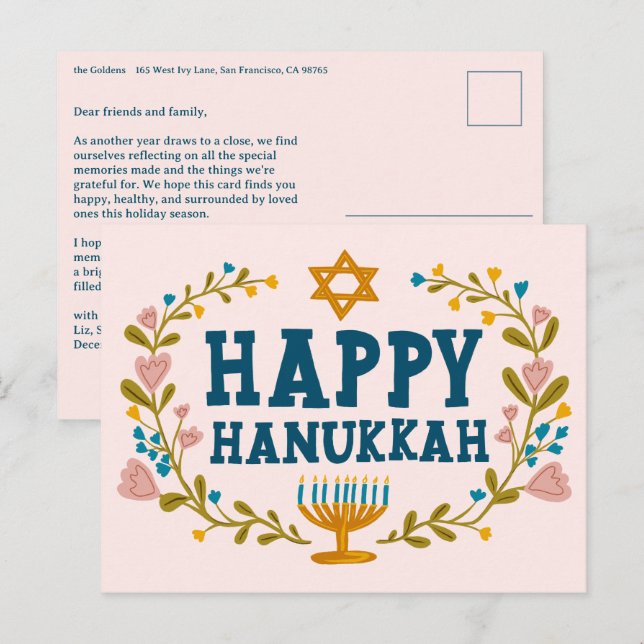 HAPPY HANUKKAH Floral Wreath Menorah Custom Text Postkarte (Vorne/Hinten)