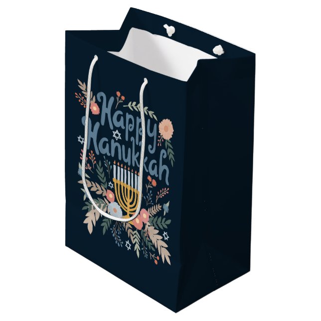 Happy Hanukkah Florals Hand gezeichnet jüdischer F Mittlere Geschenktüte (Vorderseite Schrägansicht)