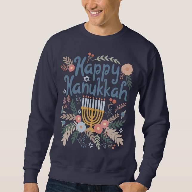 Happy Hanukkah FLorals Handgezeichnet Kunst Sweatshirt (Vorderseite)