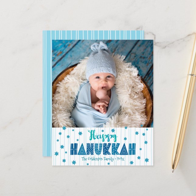 Happy Hanukkah Foto Blue Stars Moderne Karte (Vorderseite/Rückseite Beispiel)