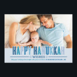 Happy Hanukkah Foto Card | Blauschattierungen Feiertagskarte<br><div class="desc">Die moderne Grußkarte "Happy Hanukkah" mit monochromen Blautönen,  individuellem Foto für Sie,  viel Platz zum Anzeigen eines landschaftlichen Fotos und fett waagerechten Streifen,  die die Rückseite der Karte hervorheben.</div>