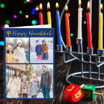 Happy Hanukkah Foto Collage Modern Blue geflogen Feiertagskarte<br><div class="desc">Moderne,  anpassbare jüdische Foto Collage Hanukkah gefaltete Karte mit einer Sammlung von Winter-Fotos. Fügen Sie 3 Ihrer bevorzugten Chanukah-Erinnerungen auf diesem modernen drei Fotolayout unter einer Menorah und Gold kursiven Drehbuch. Passen Sie sich mit einem anderen Bild und Ihrer Nachricht im Inneren an.</div>